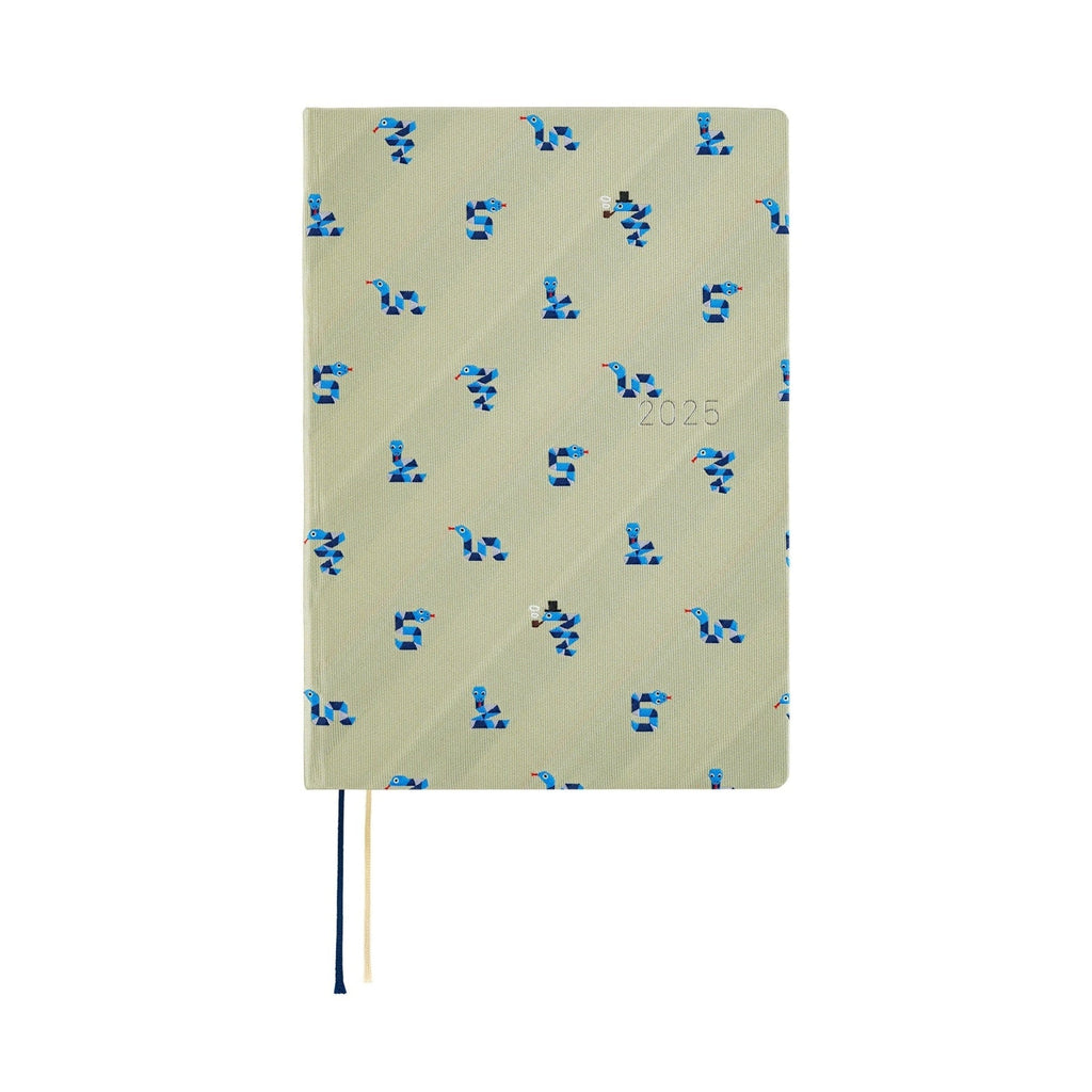 Centered front view of Hobonichi Techo A5 2025 Snake Toy diary with evenly spaced blue snake illustrations on olive cover
