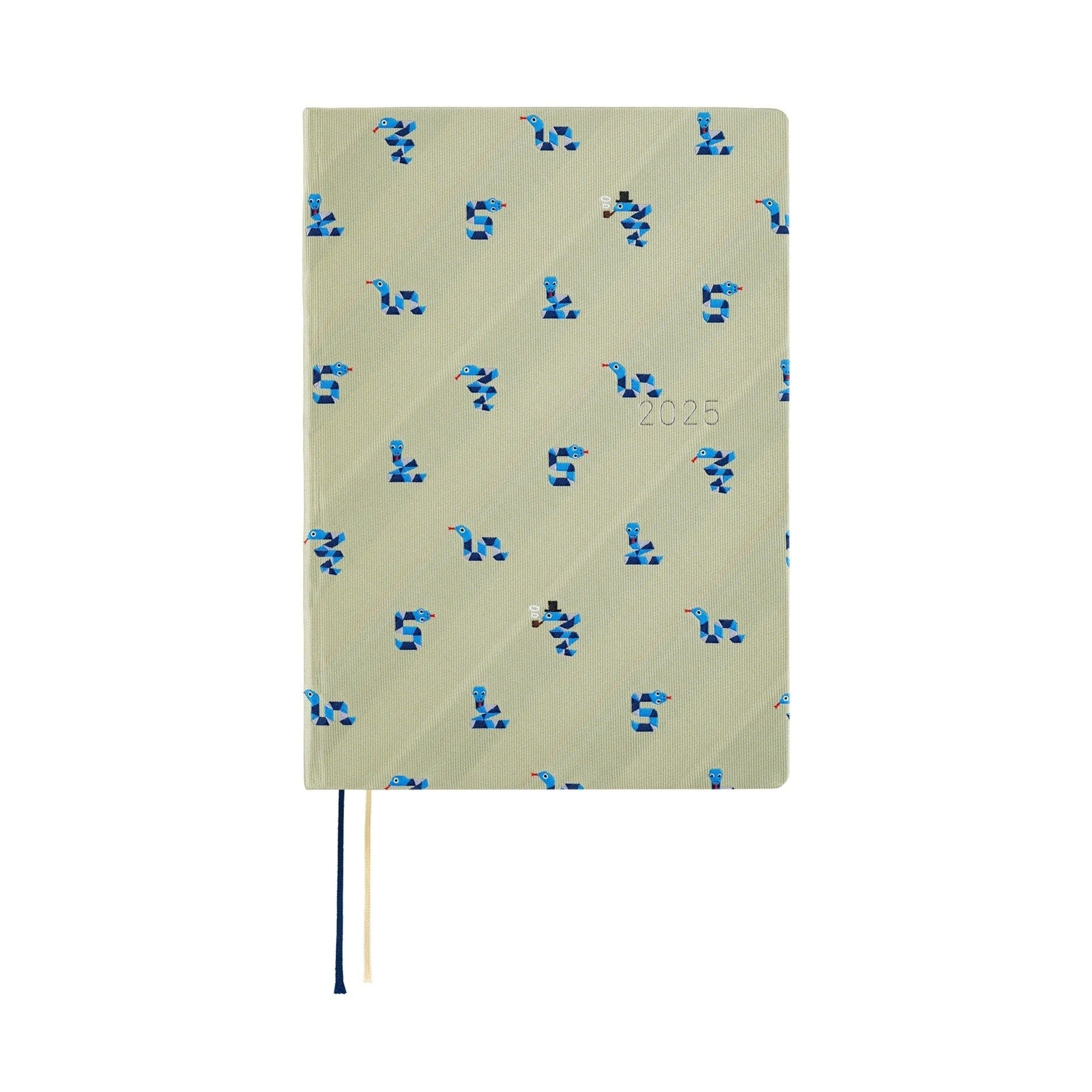 Centered front view of Hobonichi Techo A5 2025 Snake Toy diary with evenly spaced blue snake illustrations on olive cover