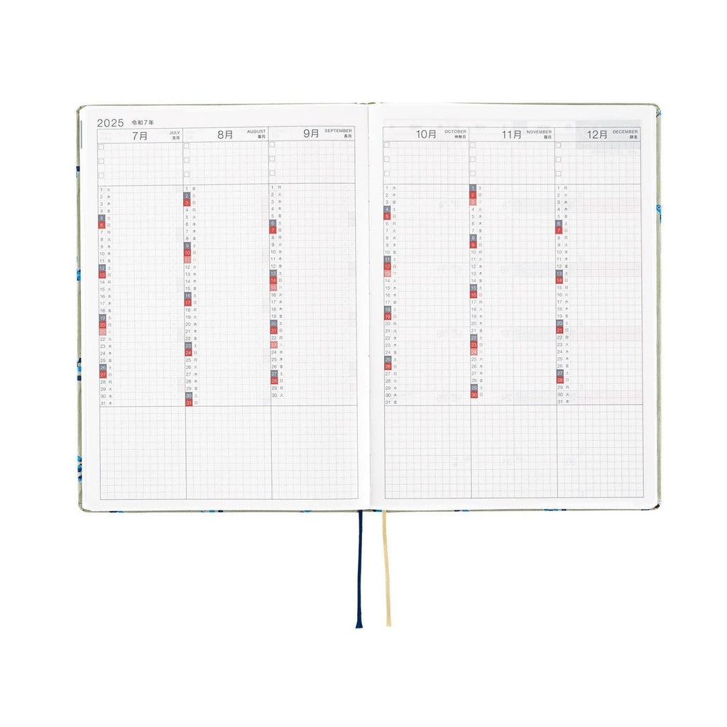 Hobonichi Techo A5 2025 diary July to December 2025 monthly spread with bilingual headers and color-coded days
