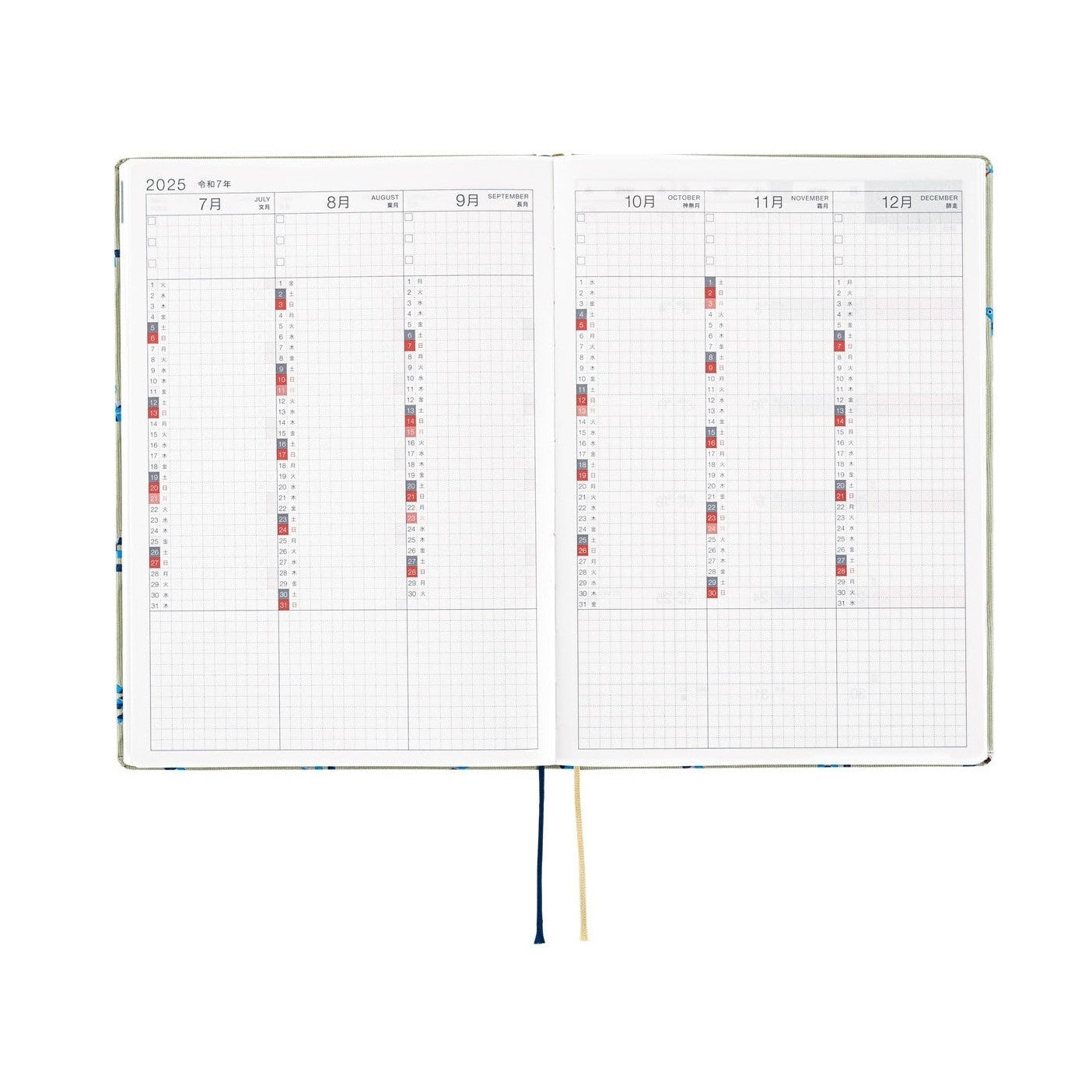 Hobonichi Techo A5 2025 diary July to December 2025 monthly spread with bilingual headers and color-coded days
