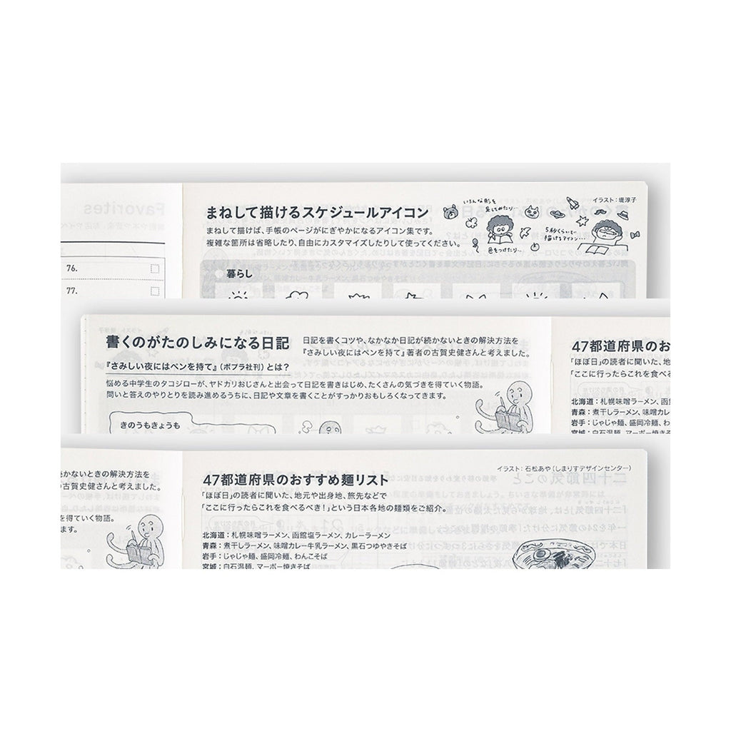Diary page with octopus character and regional noodle list in Japanese