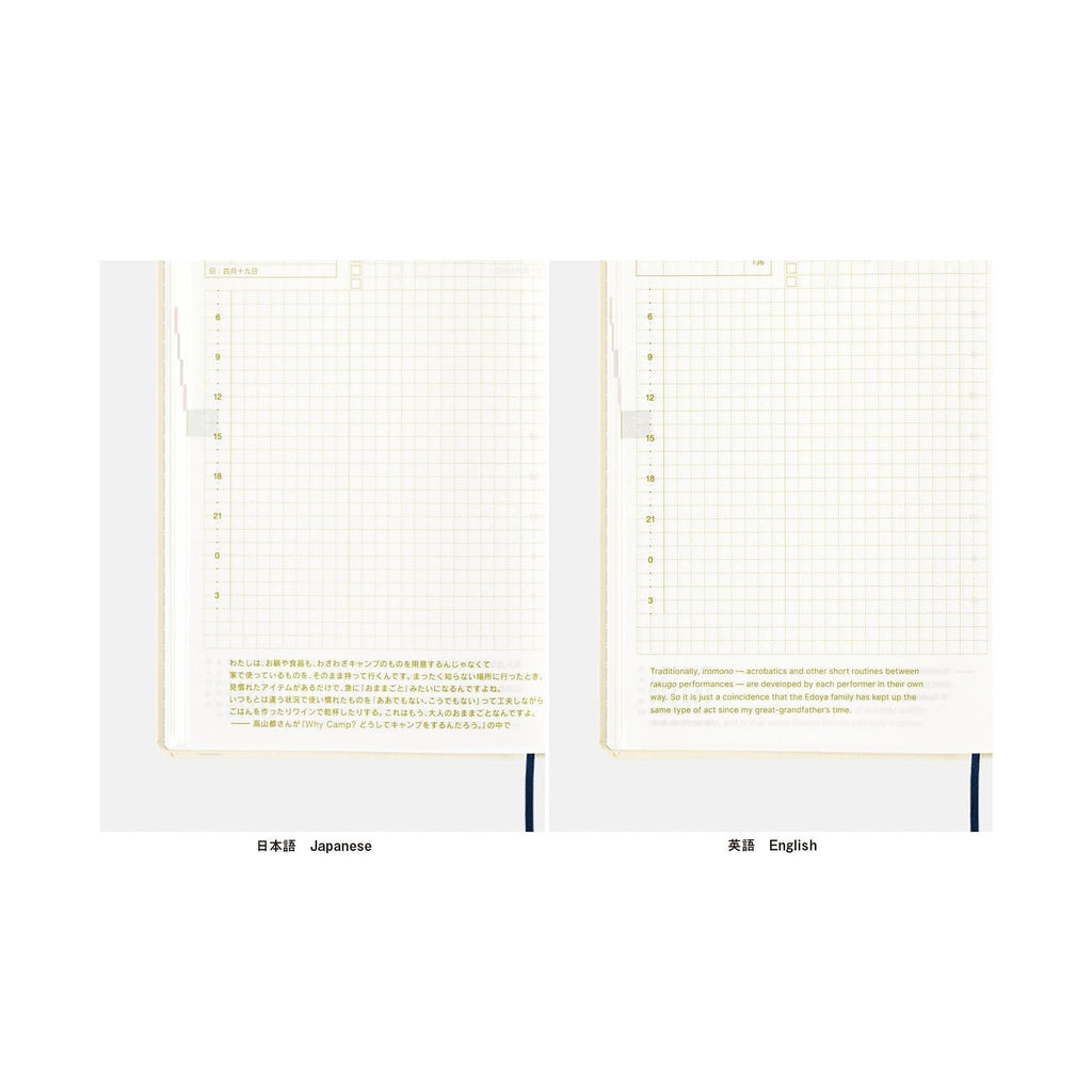 Split-screen comparison of Japanese and English grid layouts in Hobonichi Techo