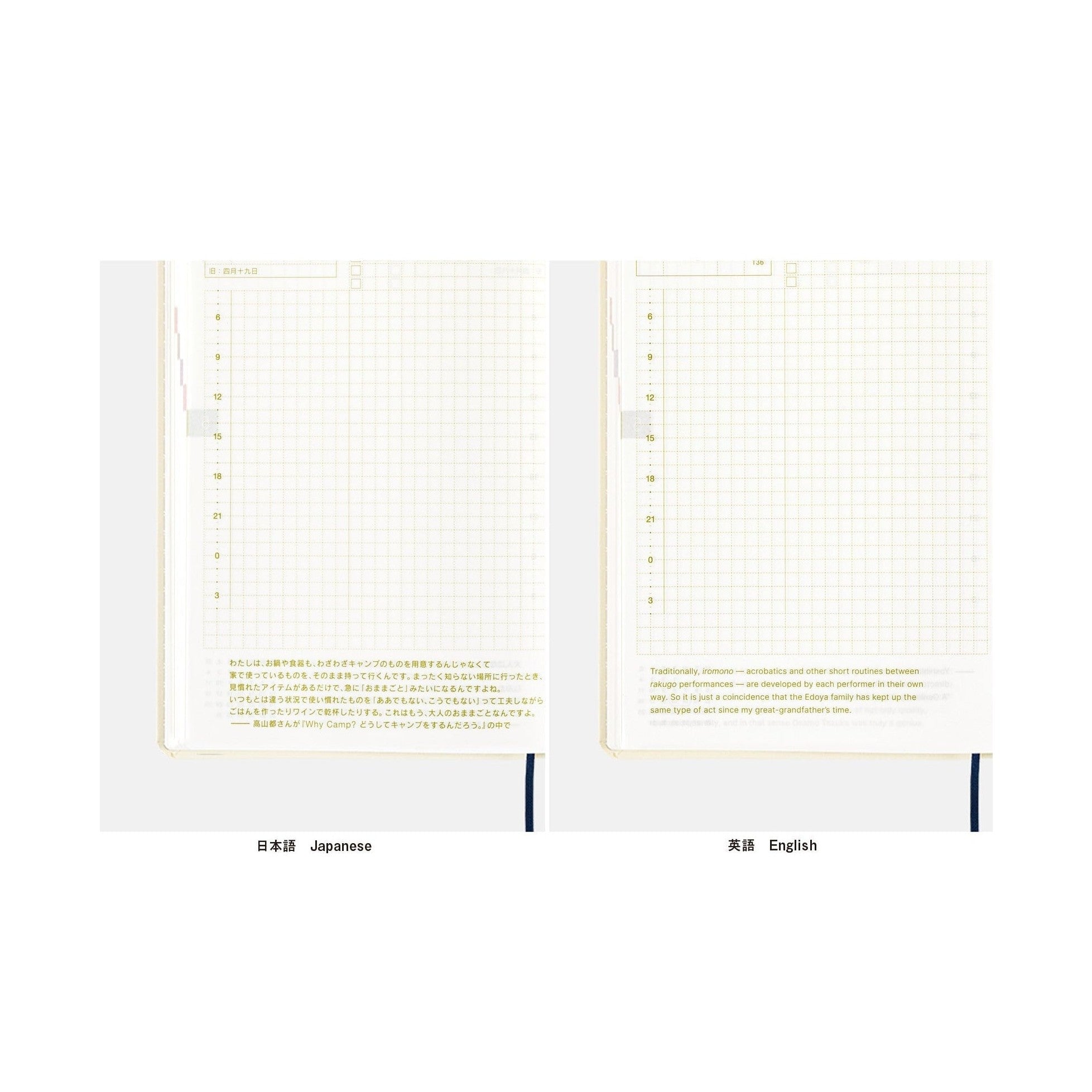 Split-page view of Japanese and English text columns in Hobonichi Techo