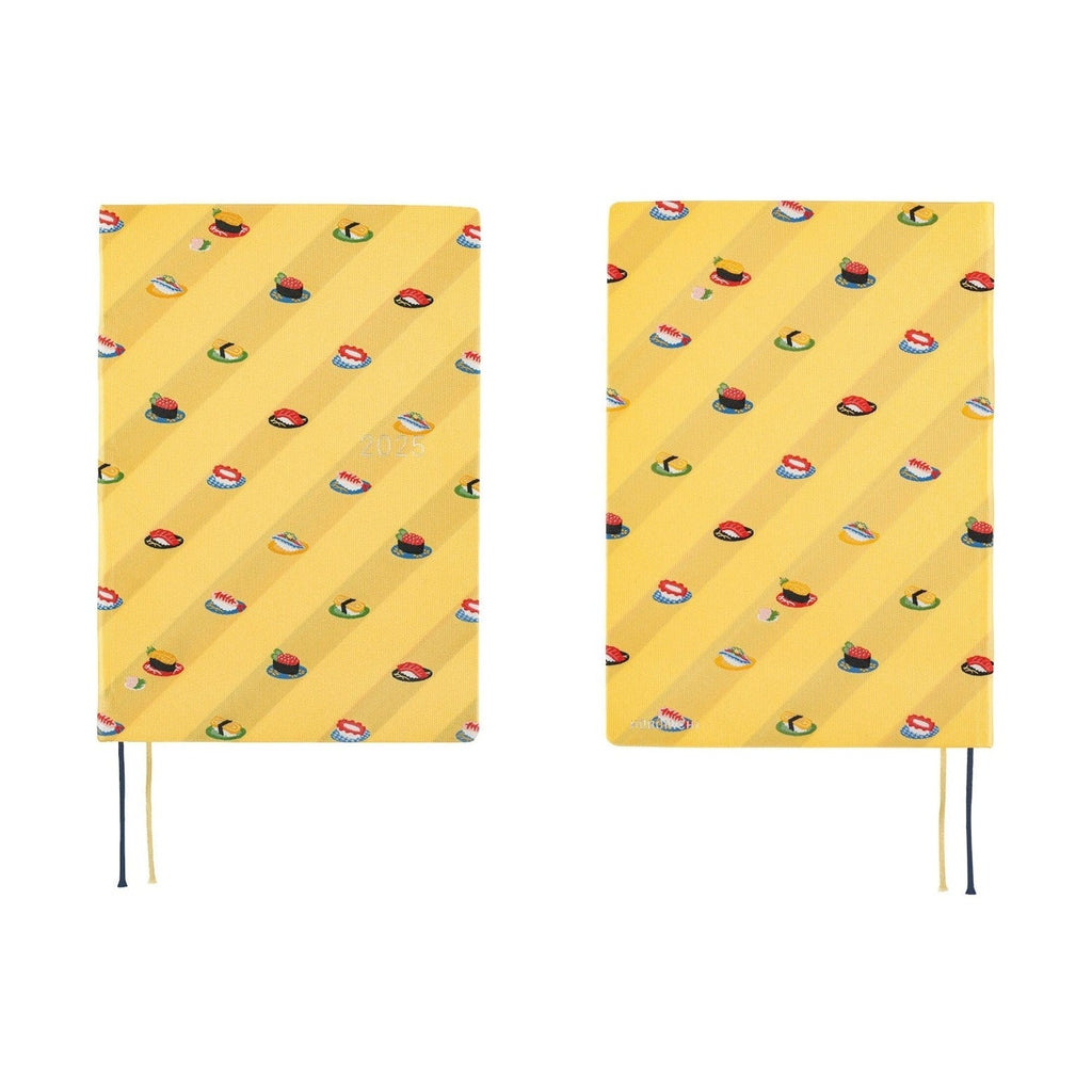 Side-by-side views of yellow Hobonichi Techo cover with black and gold ribbons