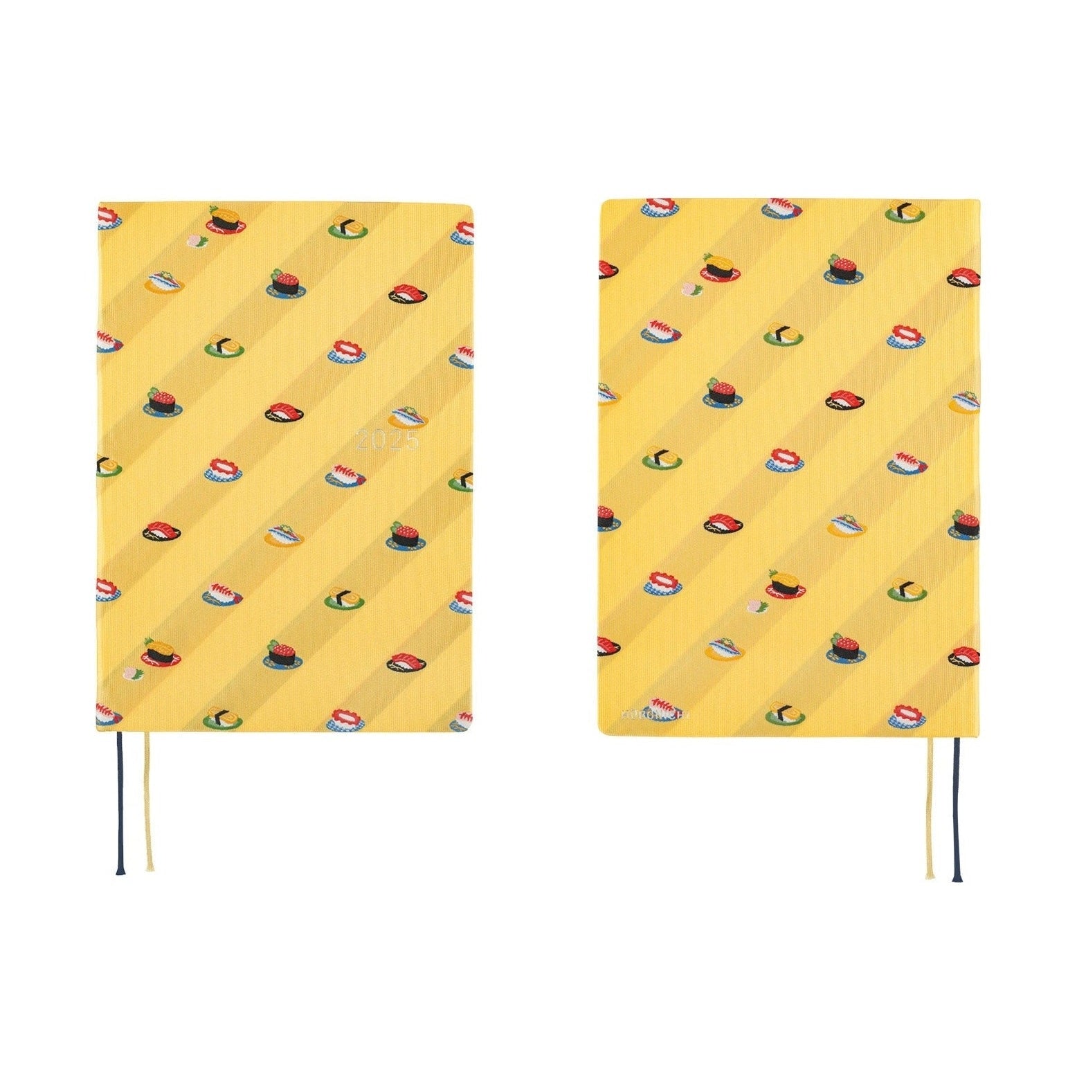 Side-by-side views of yellow Hobonichi Techo cover with black and gold ribbons