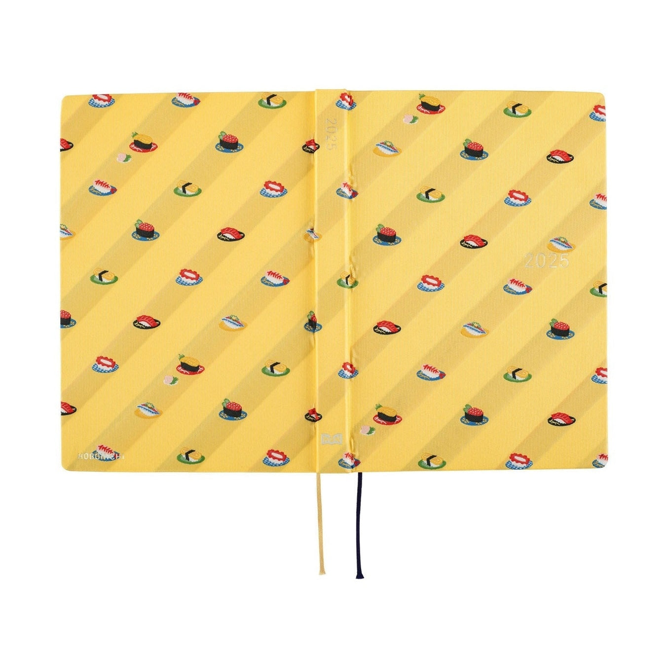 Open Hobonichi Techo A5 2025 diary with yellow sushi pattern cover and ribbon bookmark