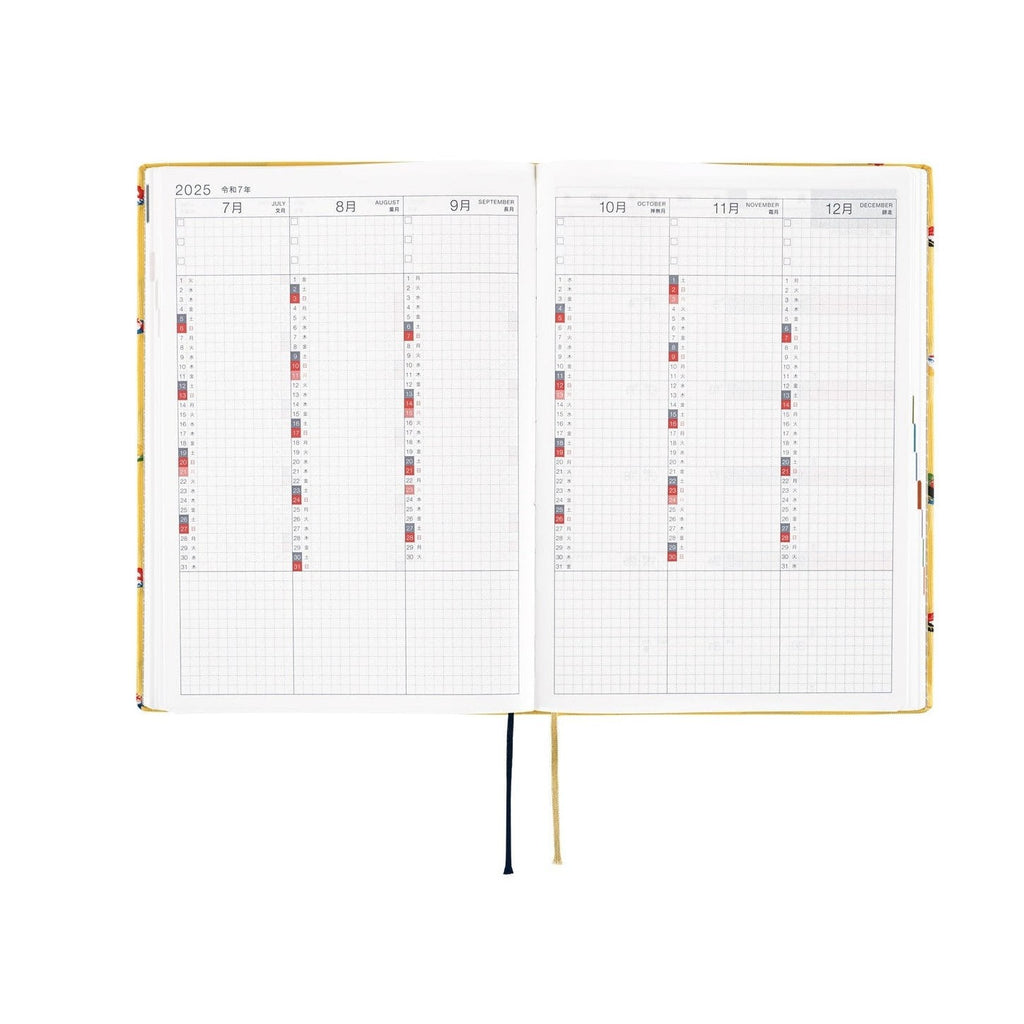 July to December 2025 calendar spread in Hobonichi Techo with Japanese months