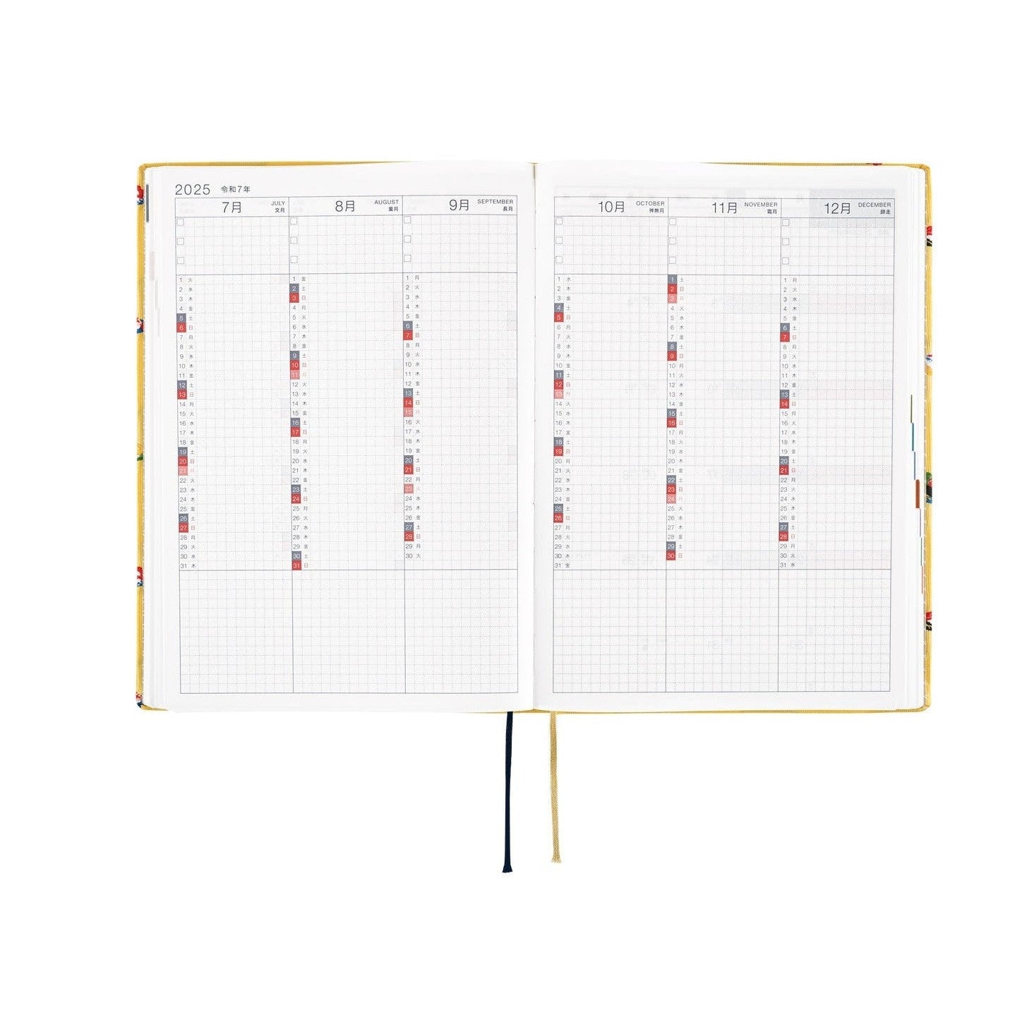 July to December 2025 calendar spread in Hobonichi Techo with Japanese months