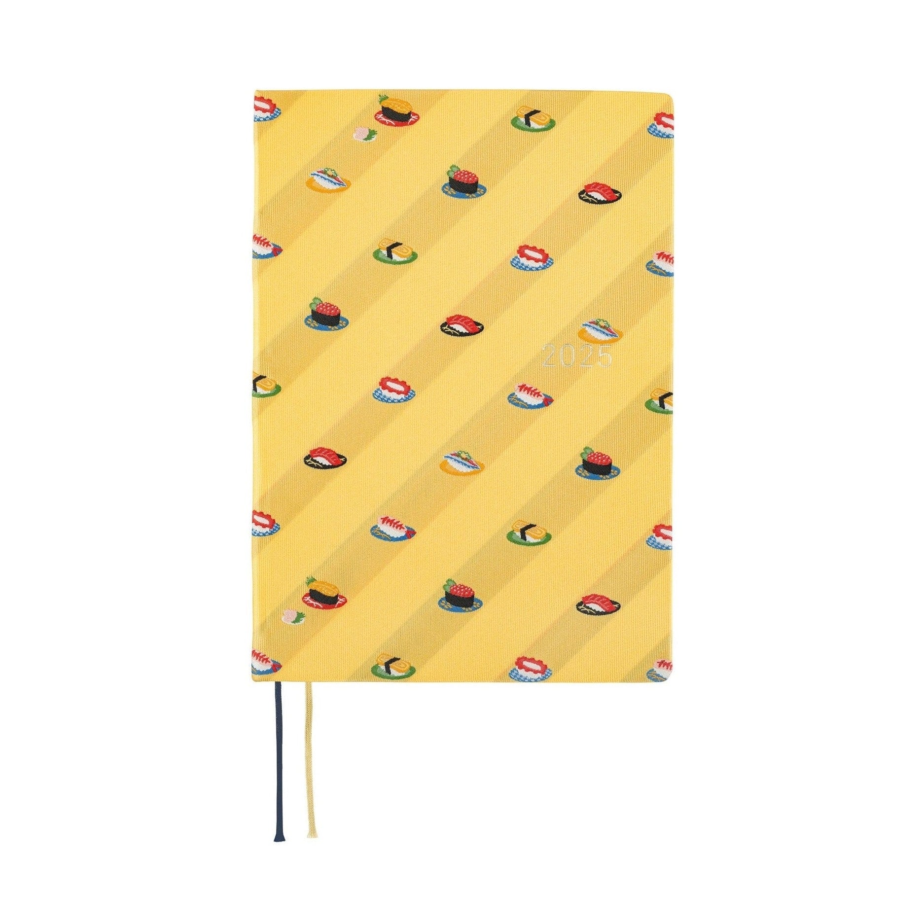 Front view of closed yellow Hobonichi Techo A5 2025 diary with sushi design