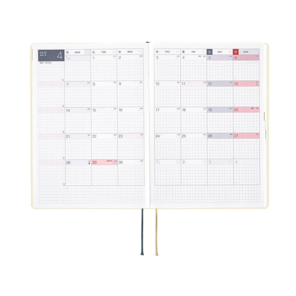 Hobonichi Techo A5 April 2025 monthly calendar with pink weekend highlights