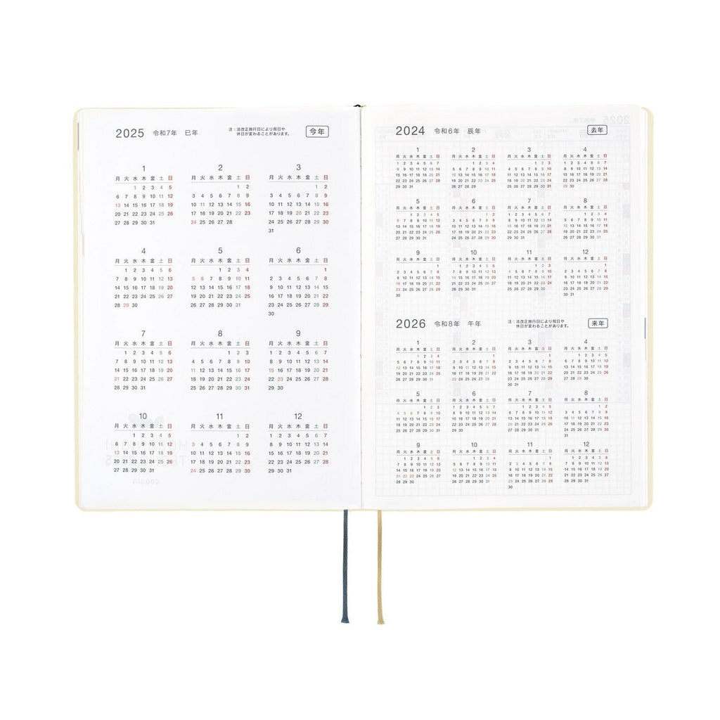 Hobonichi Techo A5 2025 and 2026 yearly calendar comparison spread