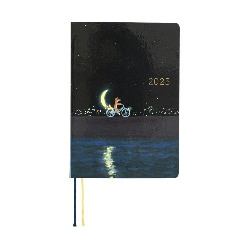 Hobonichi Techo A6 2025 front cover featuring fox on bicycle delivering crescent moon illustration