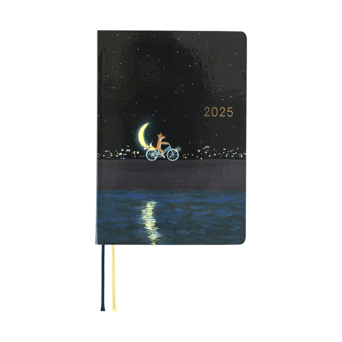 Hobonichi Techo A6 2025 front cover featuring fox on bicycle delivering crescent moon illustration