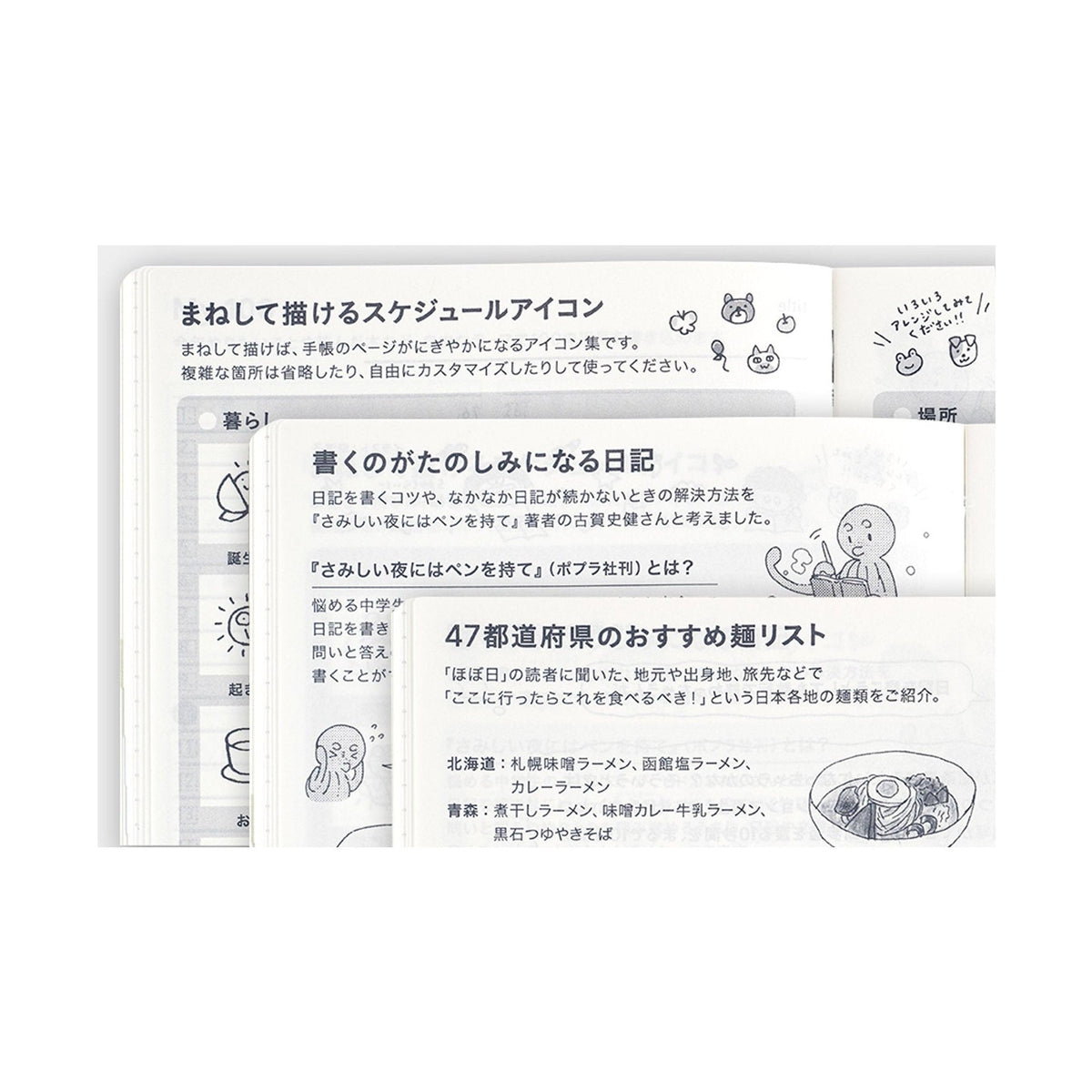 Hobonichi Techo A6 2025 interior page with Japanese icons and regional ramen list guide