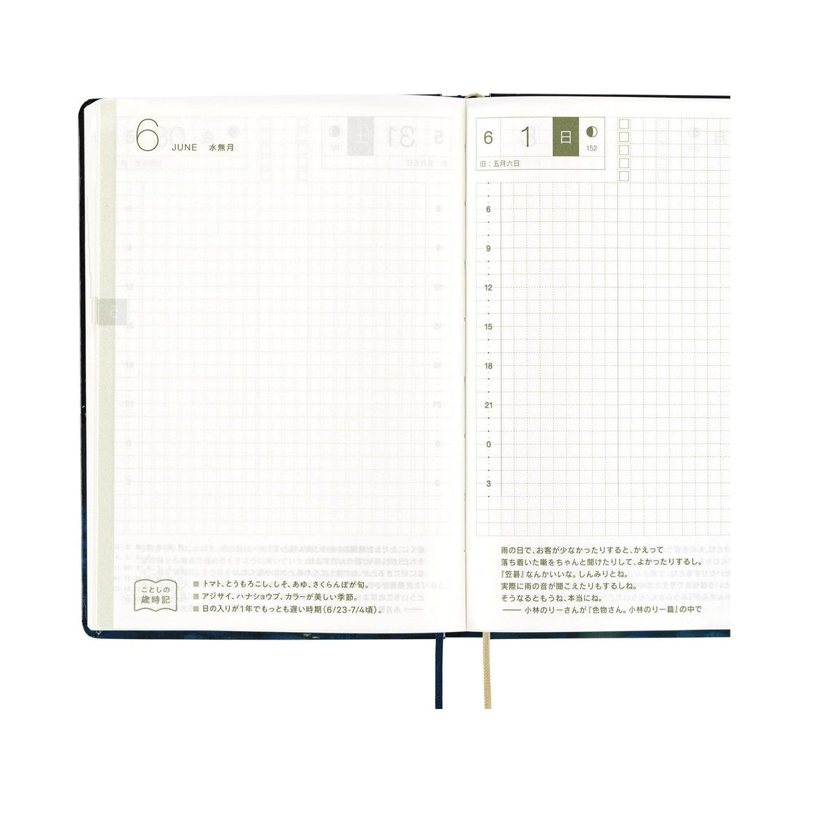 Hobonichi Techo A6 June 2025 daily spread with agricultural calendar icon and beige grid