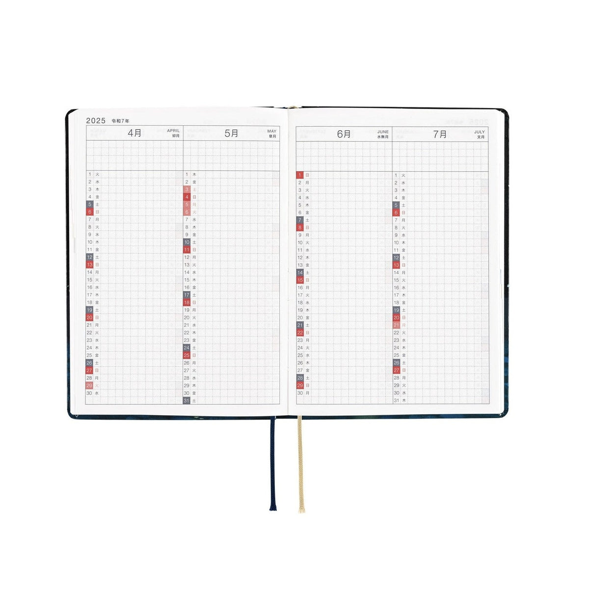Hobonichi Techo A6 2025 open spread showing April to July monthly calendar in Japanese