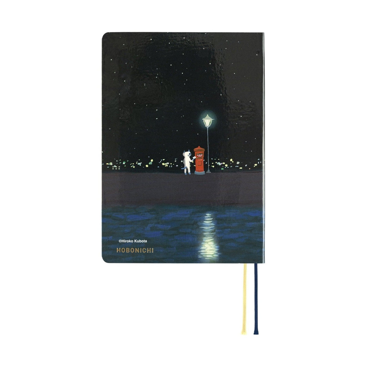 Hobonichi Techo A6 2025 back cover featuring cat at postbox with gold artist signature