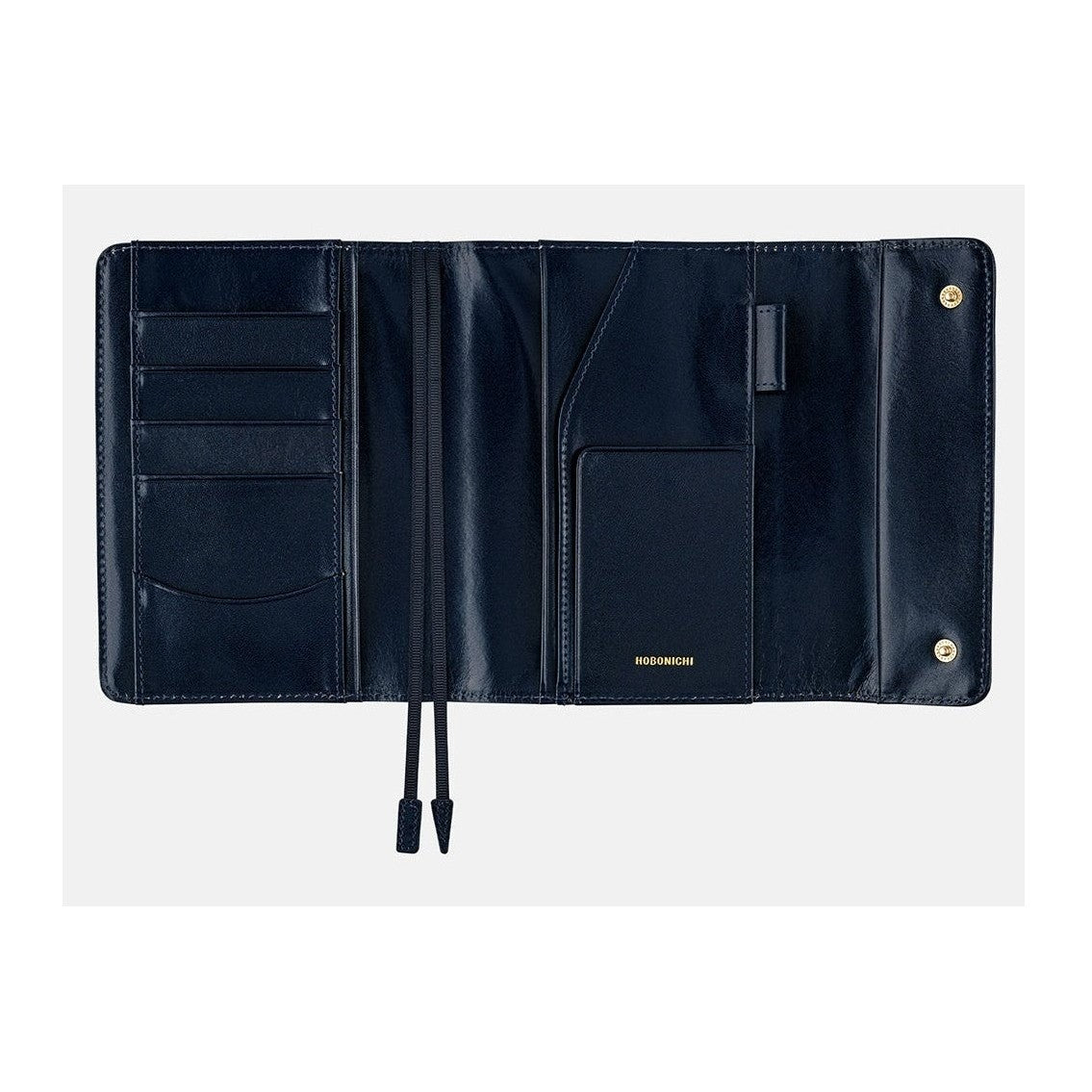 Interior view of navy Hobonichi cover with card slots, elastic band, and embossed logo