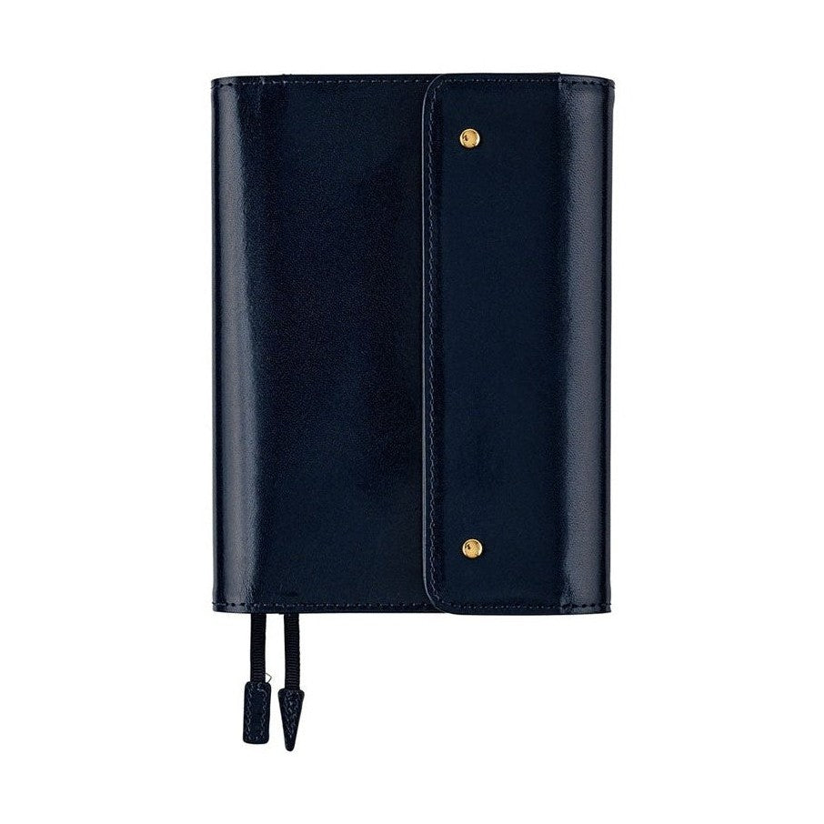 Deep navy Hobonichi Techo A6 leather cover with gold buttons and pen loop