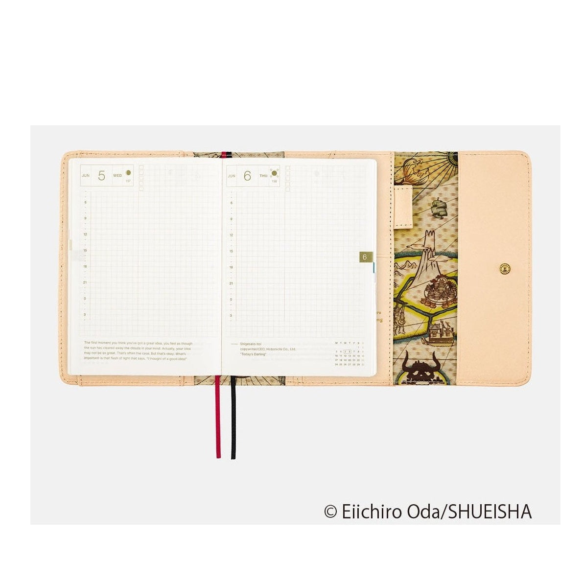 Inside view of A6 One Piece diary cover showing grid-lined daily pages and vintage map design
