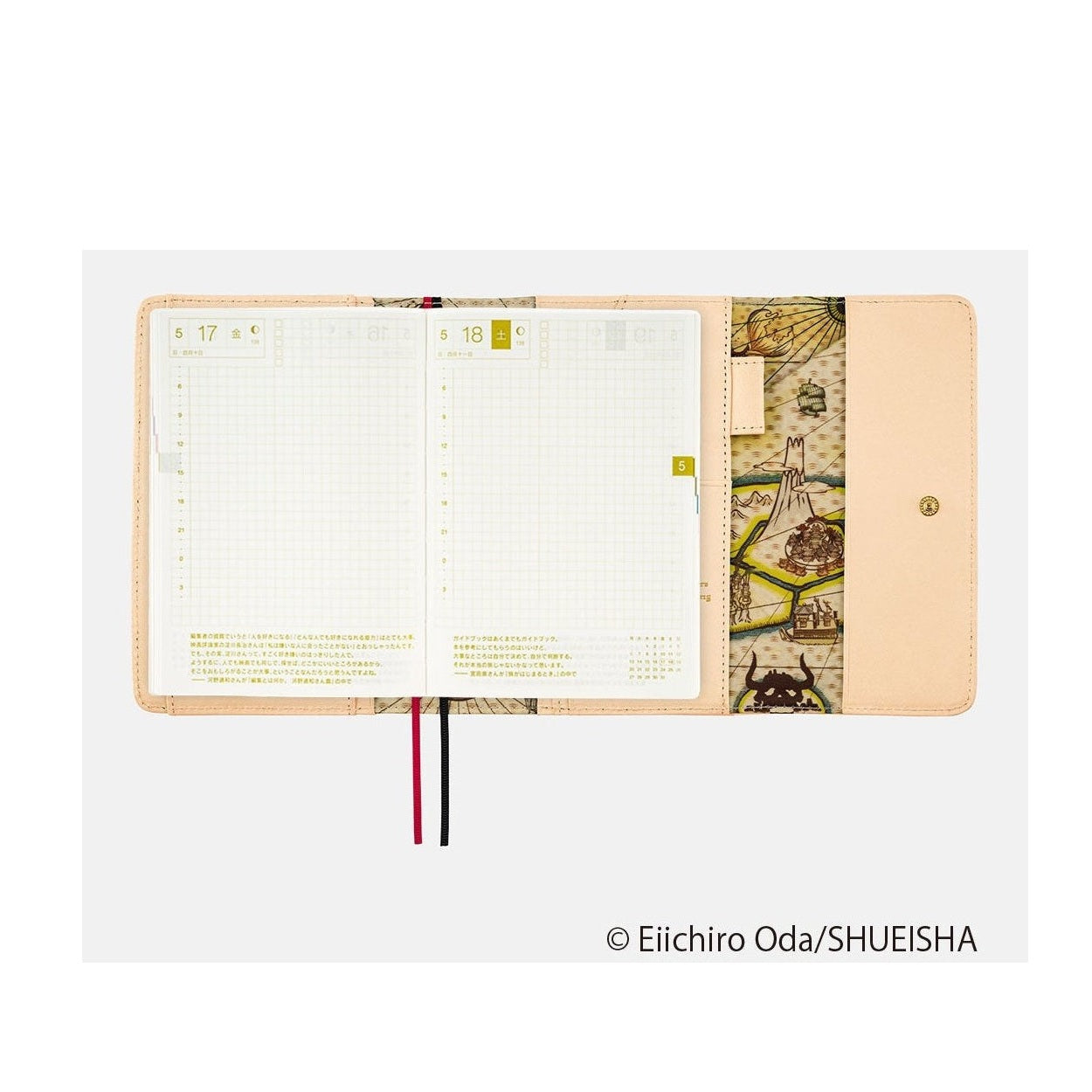 Open Hobonichi Techo A6 One Piece diary displaying May dates and colorful volcano map illustration