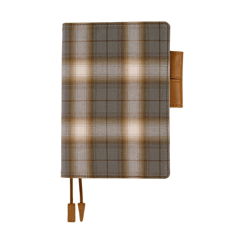 Front view of Hobonichi A6 planner cover in smoky plaid with butterfly-stopper pen holder