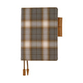 Front view of Hobonichi A6 planner cover in smoky plaid with butterfly-stopper pen holder