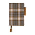 Front view of Hobonichi A6 planner cover in smoky plaid with butterfly-stopper pen holder