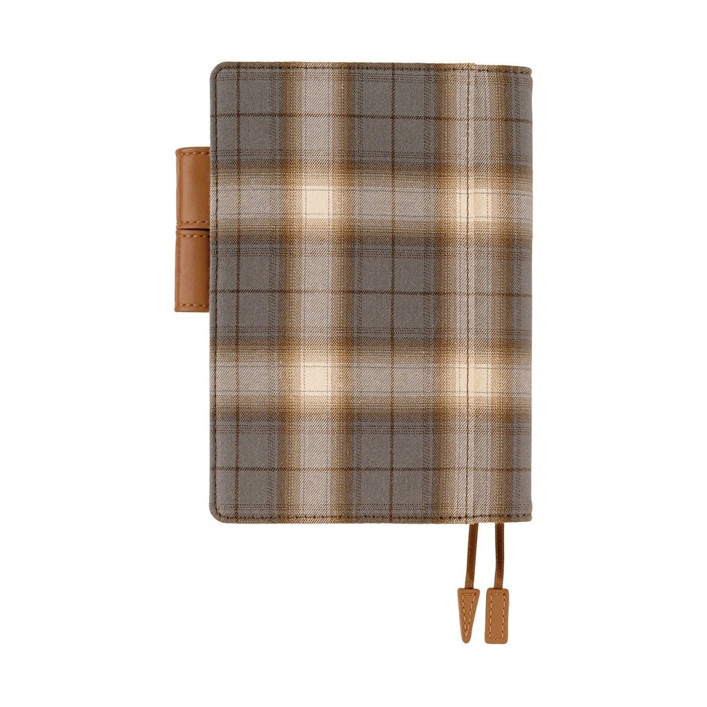 Hobonichi Techo A6 planner cover in foggy plaid shirt fabric with brown leather strap
