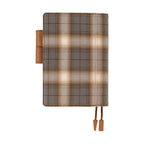 Hobonichi Techo A6 planner cover in foggy plaid shirt fabric with brown leather strap