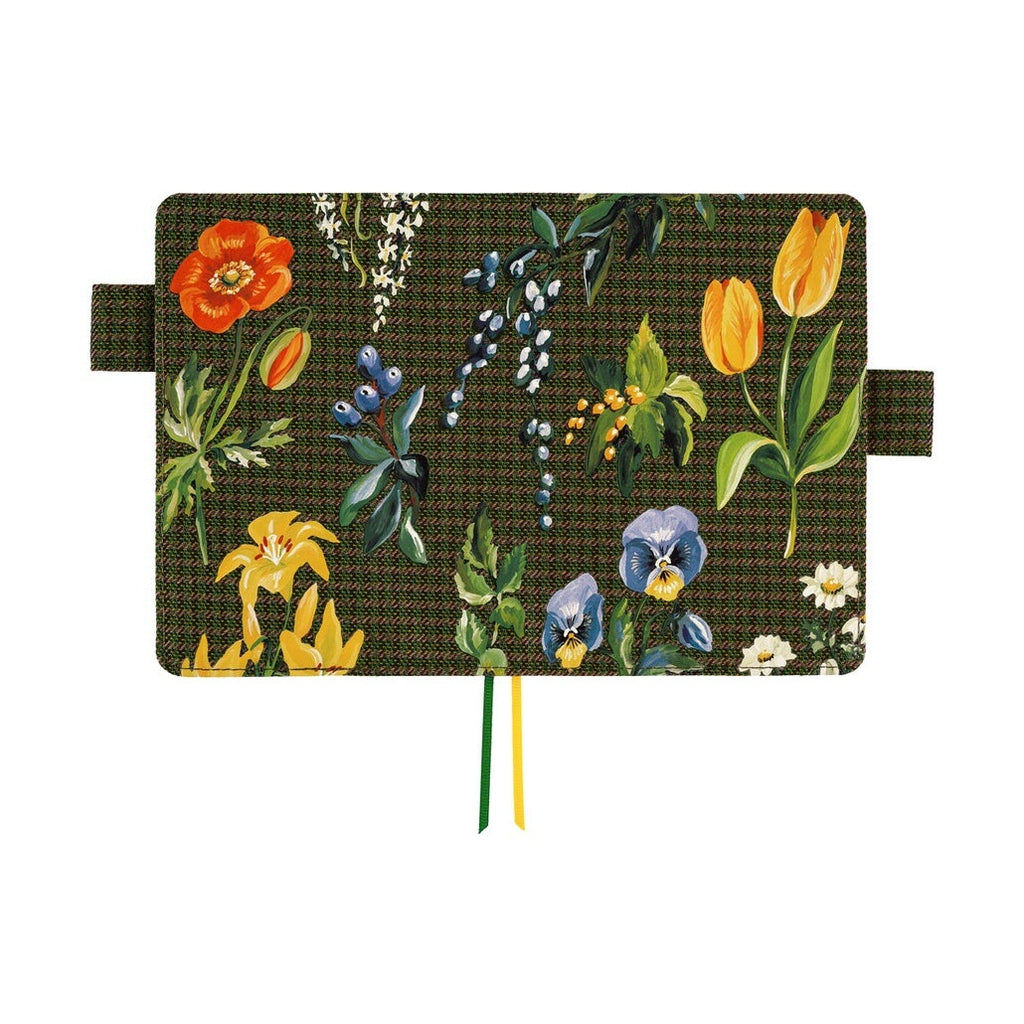 Front view of Hobonichi A6 planner cover with dense garden floral pattern on dark green base