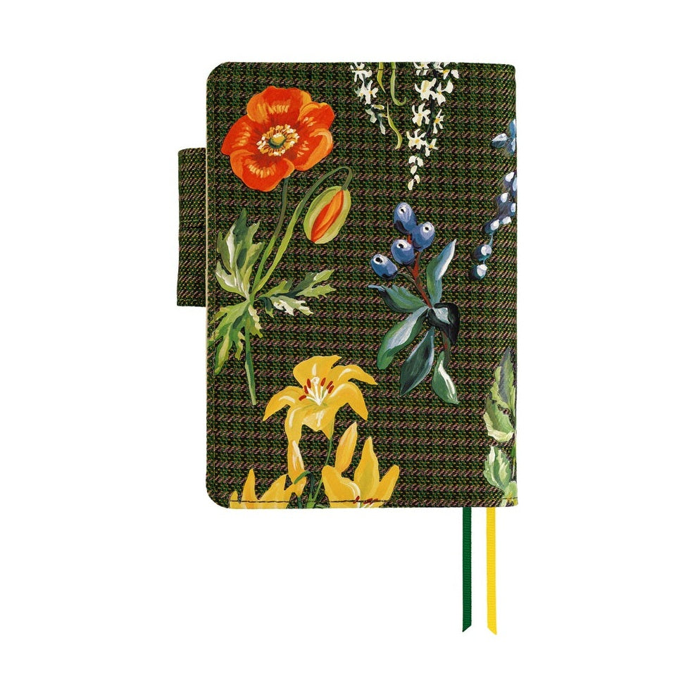 Hobonichi Techo A6 planner cover with dark green floral print and ribbon bookmarks