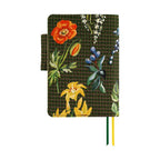 Hobonichi Techo A6 planner cover with dark green floral print and ribbon bookmarks