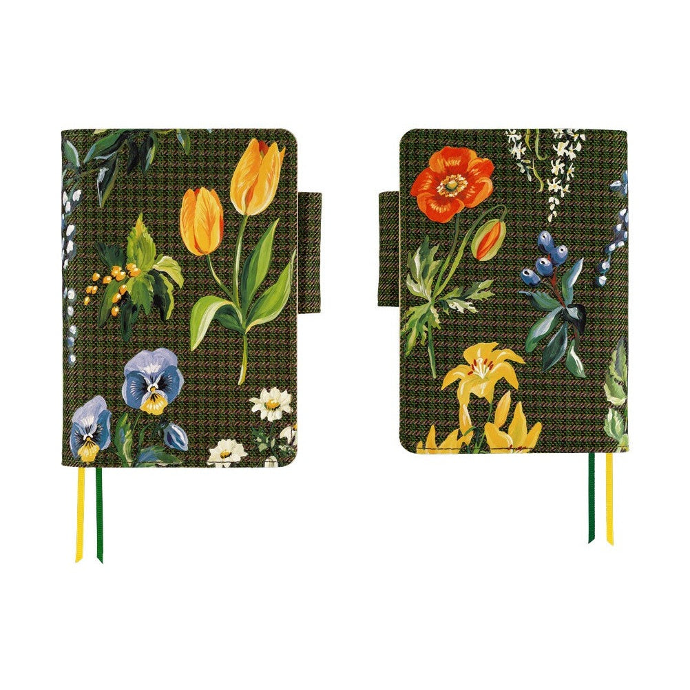 Hobonichi A6 planner cover front and back views showcasing varied garden flower prints