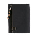 Closed black Hobonichi A6 planner cover back view with vertical zipper and leather pull tab