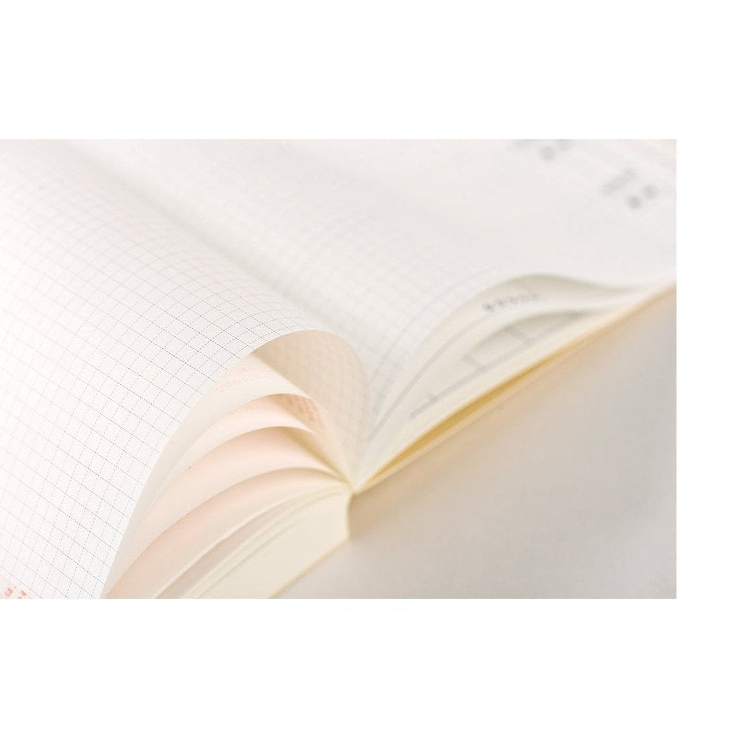 Fanned pages of Hobonichi Techo 2024 A6 showing cream paper thickness and dotted grid