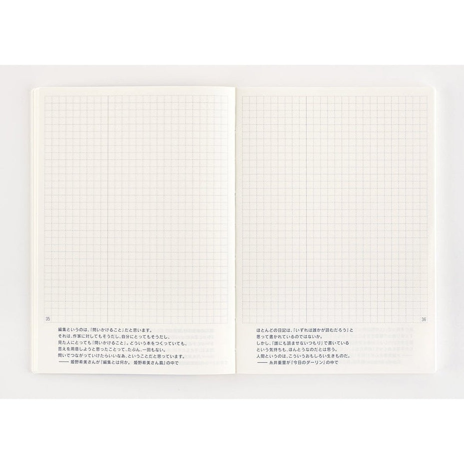 Hobonichi Techo 2024 A6 open notebook with page 35 text and page 36 blank grid layout