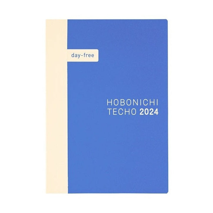 Blue Hobonichi Techo 2024 A6 planner featuring day-free monthly calendar layout