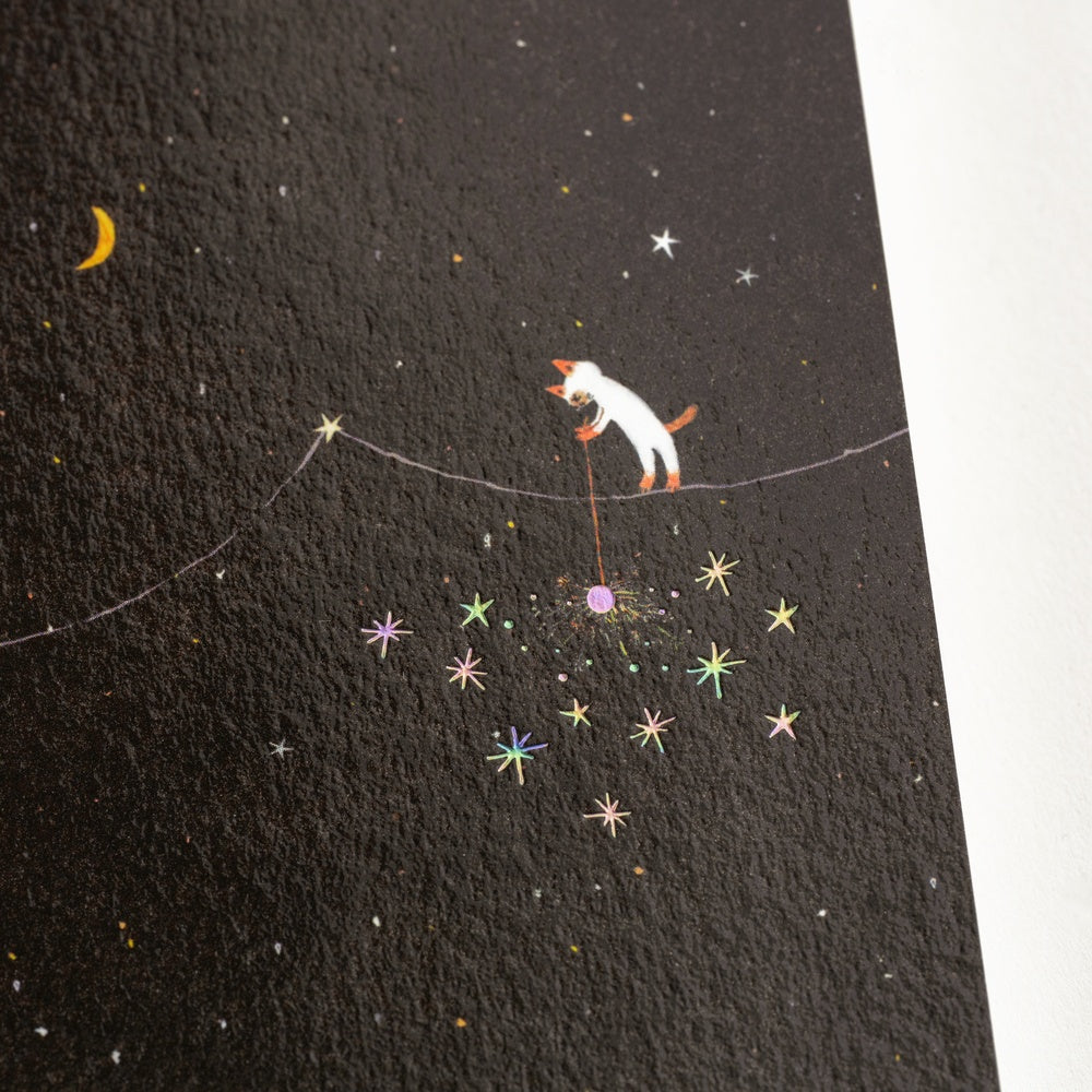 Detail of iridescent foil sparkler stars and white cat illustration on Hobonichi cover