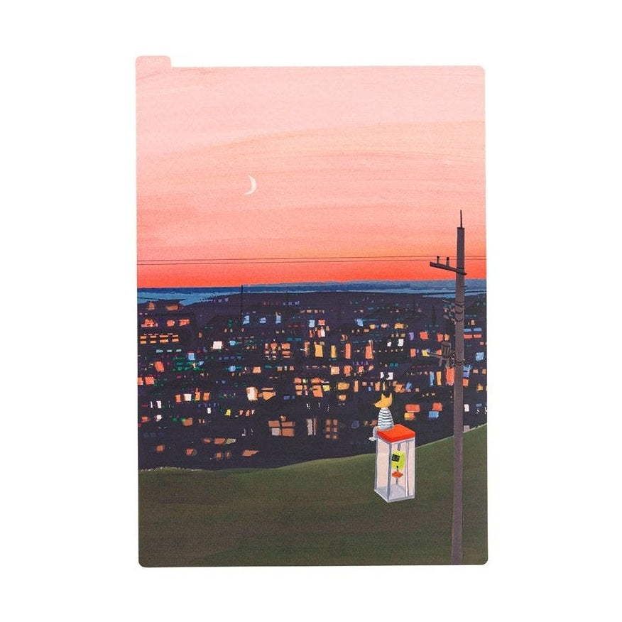 Close-up of Hobonichi Hiroko Kubota pencil board featuring telephone booth, striped cat, and crescent moon design