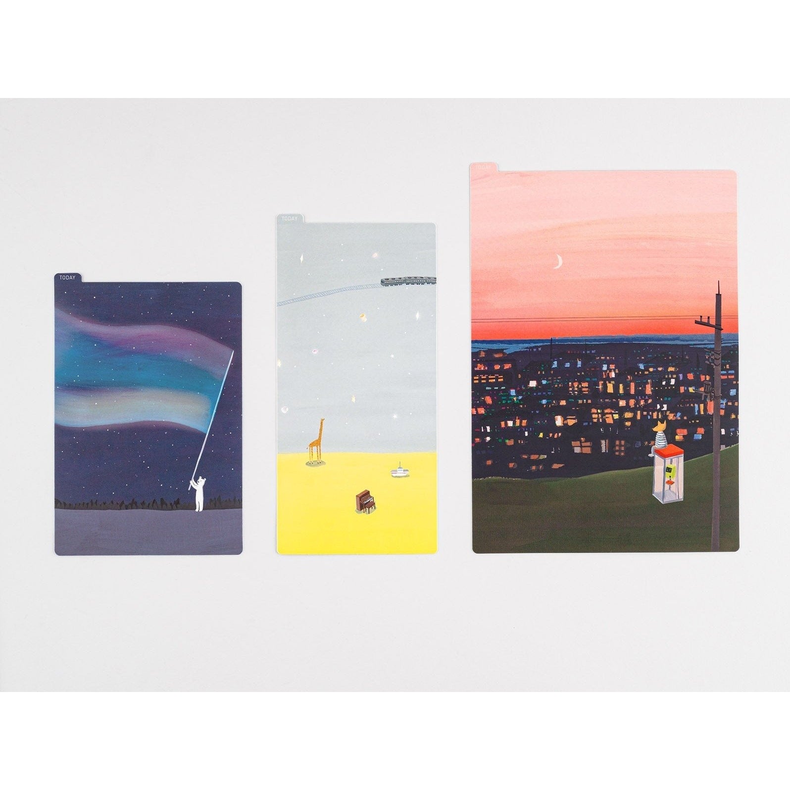 Hobonichi Techo Weeks bookmark set by Hiroko Kubota featuring giraffe, train, and cityscape designs with TODAY tab