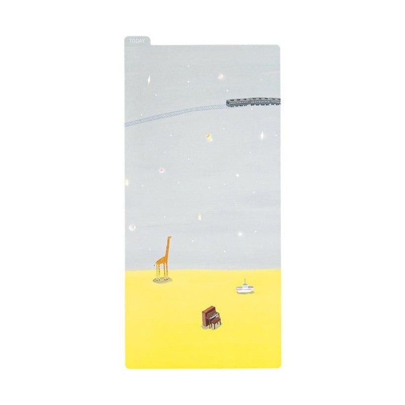 Hiroko Kubota Hobonichi Techo Weeks bookmark showing orange giraffe, piano, boat, and train on yellow ground with TODAY tab