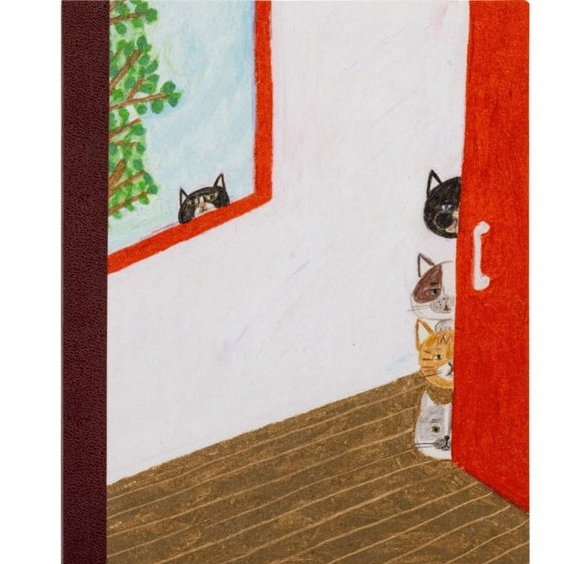 Hobonichi Techo A5 closed notebook featuring four cats peeking from door