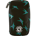 Hobonichi Techo Small Drawer Pouch with teal and purple swallow print on matte black vinyl