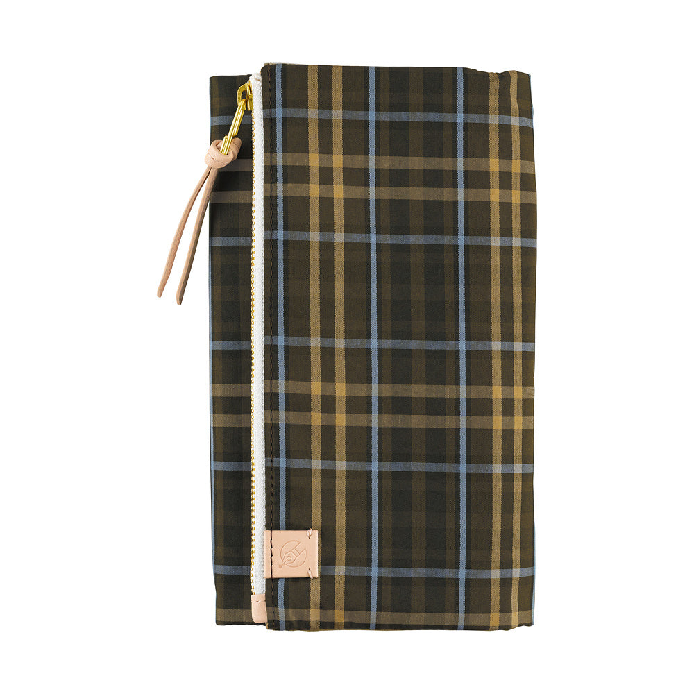 Front view of brown plaid Hobonichi Weeks cover with gold zipper