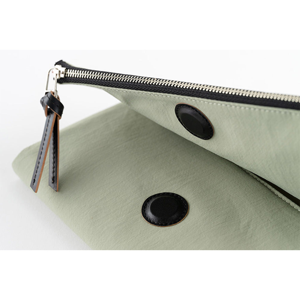 Close-up of Hobonichi Tragen button closure and zipper hardware