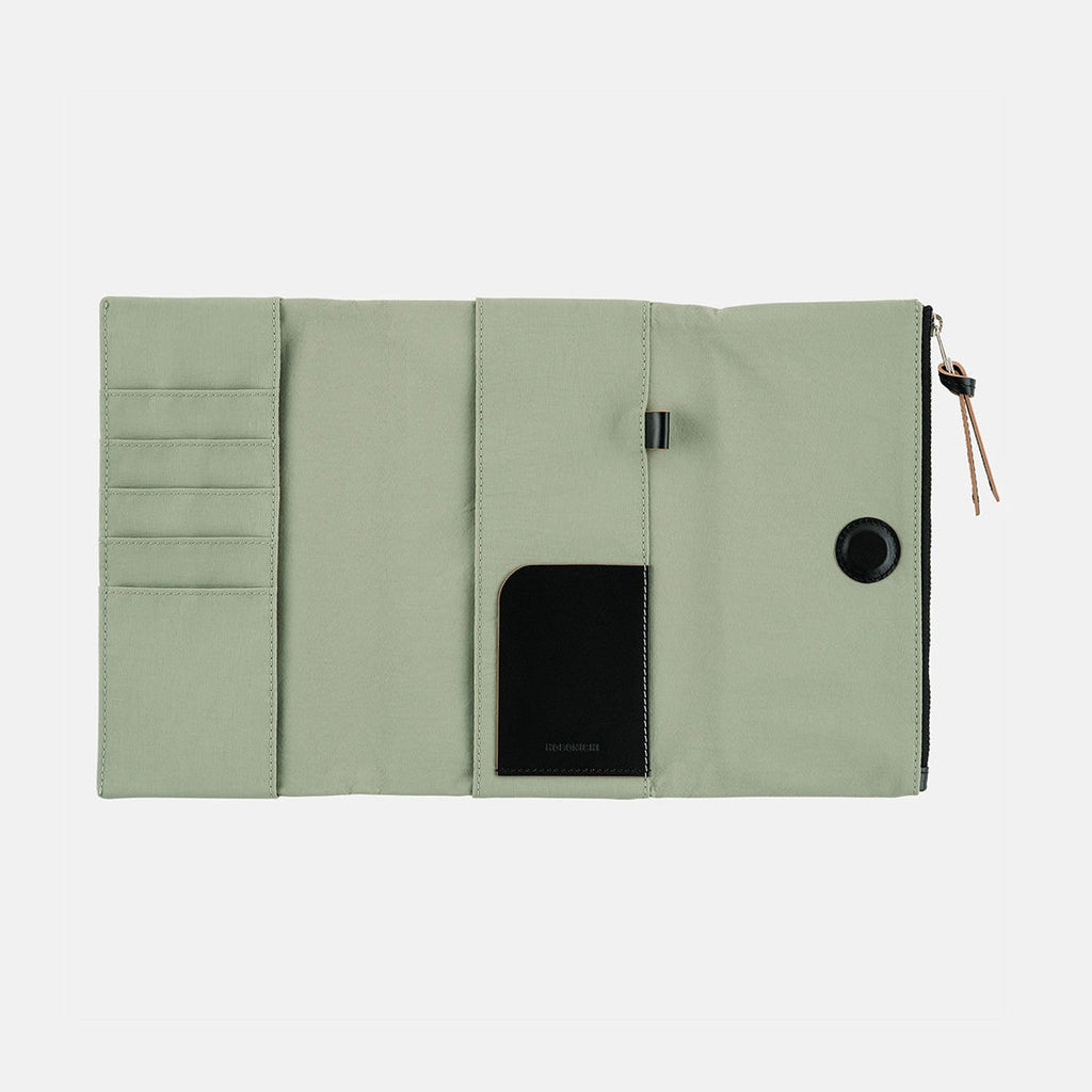 Flat lay of Hobonichi cover showing card slots and pen holder
