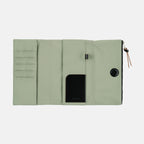 Flat lay of Hobonichi cover showing card slots and pen holder