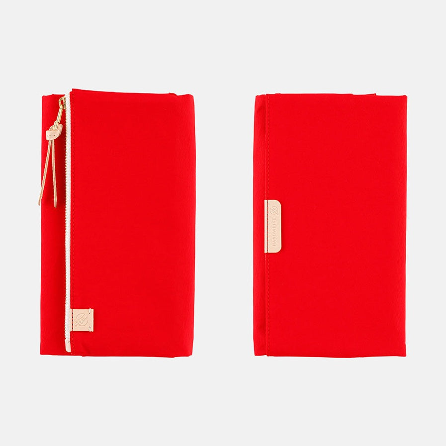 Tri-fold red stationery cover showing front and back views
