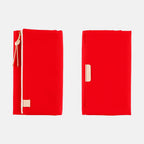 Tri-fold red stationery cover showing front and back views